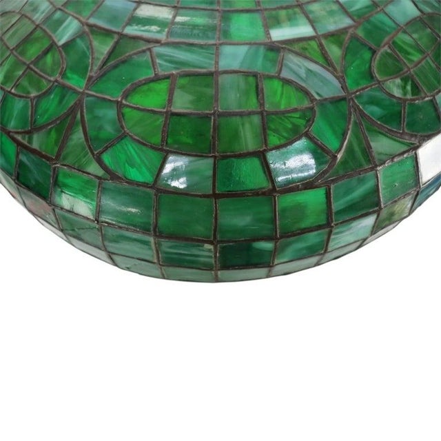 Antique Tiffany Style Classic Arts & Crafts Green Leaded Stained Glass Table Lamp C1920 Measures - Shade 17 7/8" diam x 6...