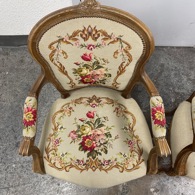 Antique Louis XV Style Needlepoint Arm Chairs, Pair For Sale In San Francisco - Image 6 of 12