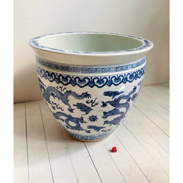 White Vintage Extra Large Blue and White Chinese Dragon Chinoiserie Porcelain Fishbowl Jardiniere Planter For Sale - Image 8 of 11