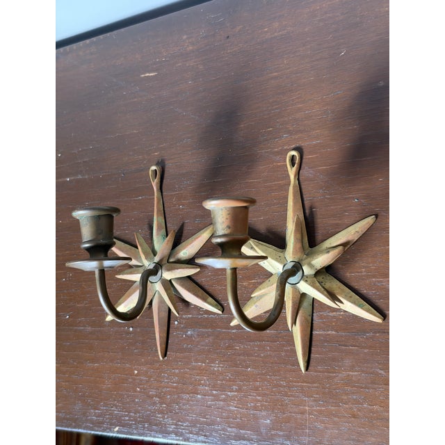 Pair Vintage Brass Starburst Wall Sconces – Star Candle Holders, Celestial Decor For Sale - Image 4 of 4