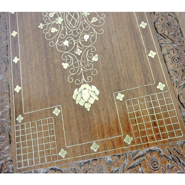 Brown Inlaid Solid Teak Side / End, Drinks Tables, Hand Carved With Copper & Brass, Glass Tops - A Pair For Sale - Image 8 of 9