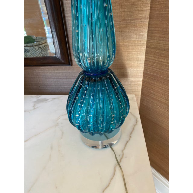 Beautiful mid-century modern Italian glass lamp with bubbles under lobed surface. Two light bulbs. Acrylic base. Cream...