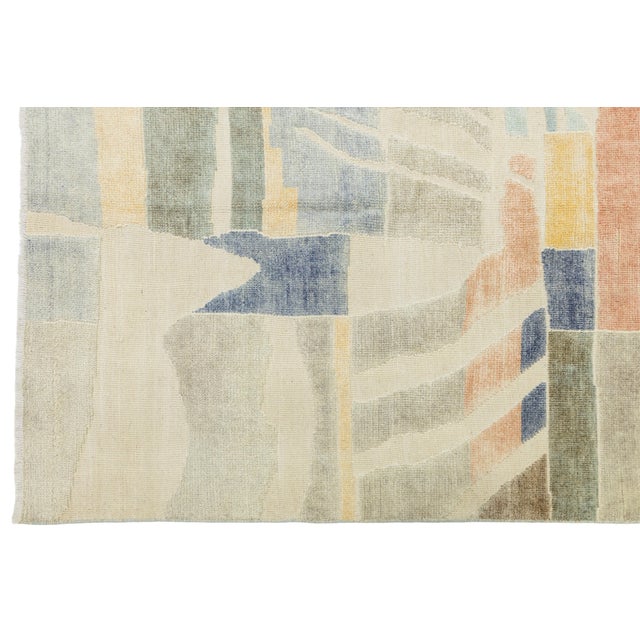 Textile Modernist Cubist Style Handcrafted Wool Area Rug Soft Terracotta, Ochre & Indigo For Sale - Image 7 of 12
