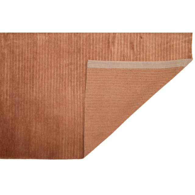 Modern 8 X 8 Modern Tibetan Wool & Silk Rug in Pale Cooper Color With Striped Design For Sale - Image 3 of 9