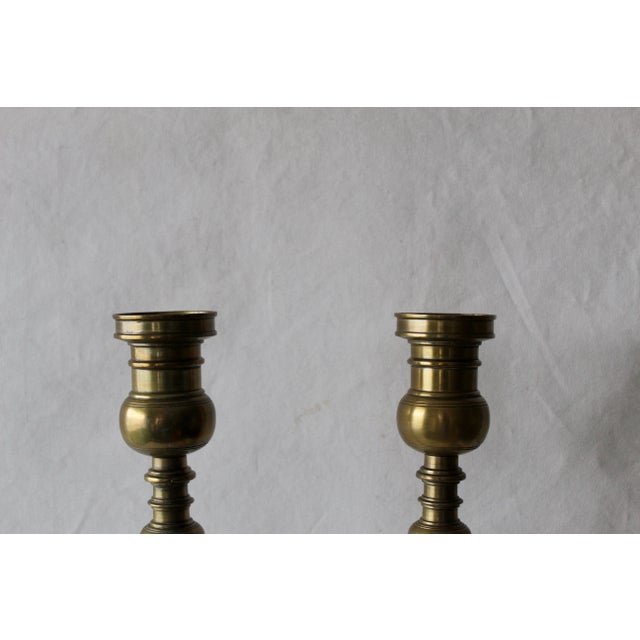 Mid-Century Modern Vintage Mid Century Large Brass Altar Floor Candle Holders Patina, a Pair For Sale - Image 3 of 10