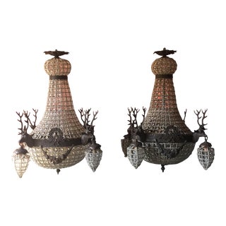 Dark Bronze Deer Stag Chandeliers - A Pair For Sale