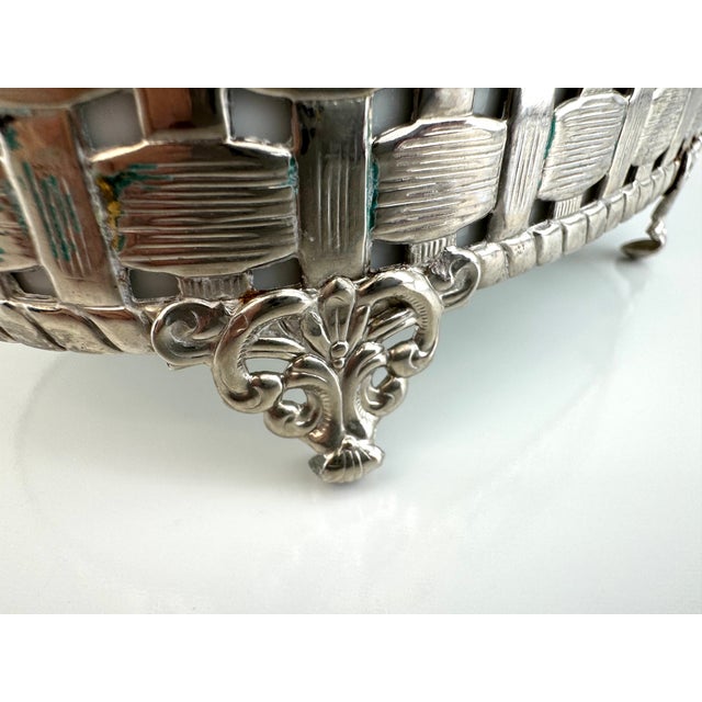 Rustic European Mid-Century Stylebuilt Silver-Plated Porcelain Soap Dish, Basketweave Frame For Sale - Image 3 of 13