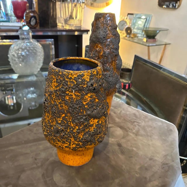 Two 1980s Modernist Orange and Black Fat Lava Ceramic German Vases For Sale - Image 4 of 11