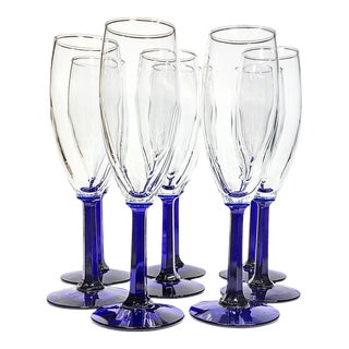 Cobalt Pillar Stemmed Champagne Flutes- Set of Eight For Sale