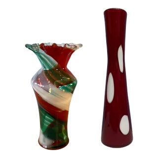 Art Glass Ribbon Swirl and Polka Dot Vase- A Pair For Sale