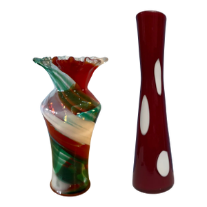 Art Glass Ribbon Swirl and Polka Dot Vase- A Pair