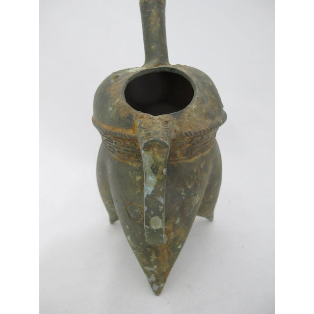 Chinese Bronze Ware Taotie Face Portable Wine Ritual Tripod Pot Vessel For Sale - Image 13 of 14