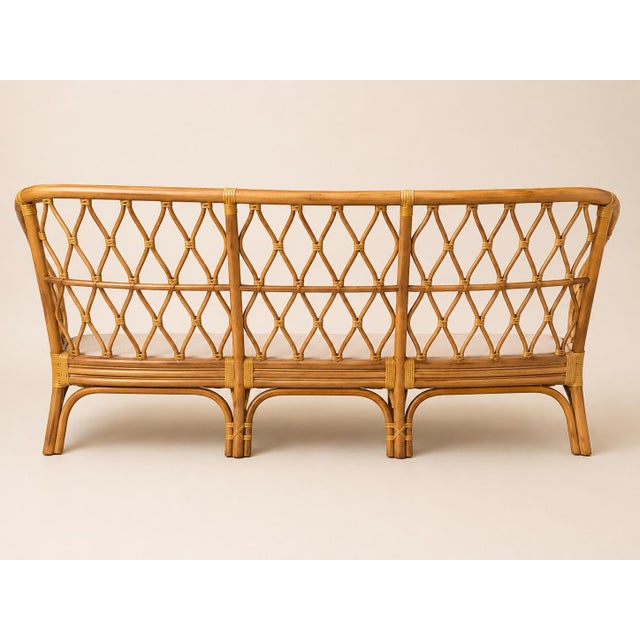 Wood Vintage Coastal Rattan Sofa With Hand-Lashed Leather Bindings (No Cushion) For Sale - Image 7 of 12