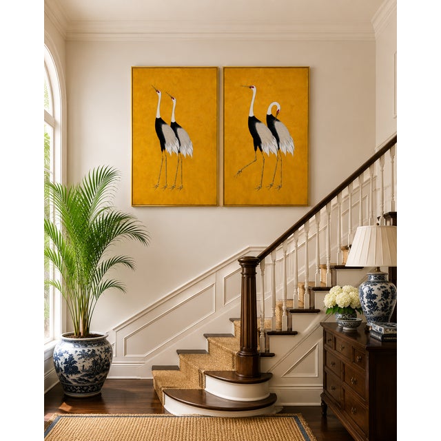 Japanese Crane Diptych, Oversized Gold Wall Art Collection, 16" X 24" For Sale - Image 4 of 9