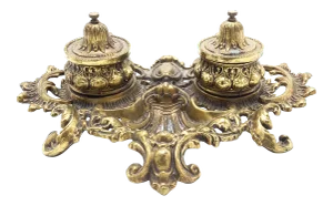Antique Art Nouveau Large Cast Metal Double Inkwell