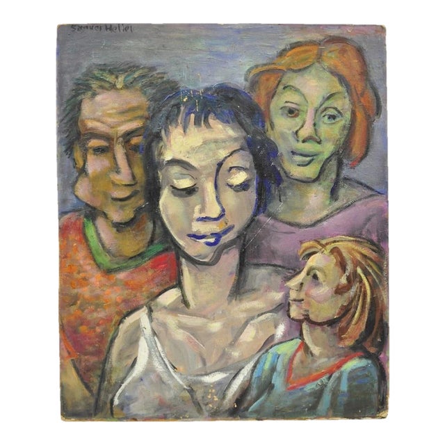 Vintage Samuel Heller "Family Portrait W/ Child B" Oil on Board Painting Signed For Sale