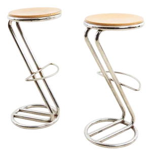 Chrome Metal and Wood Stools, Set of 2