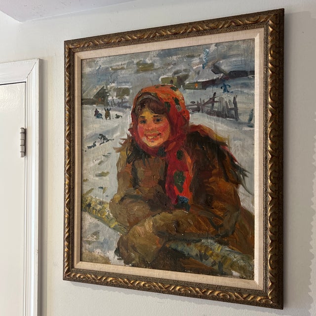 Beginng if 20 th century Russian school impressionist style oil on canvas portrait framed Peasant girl in a red shawl by...