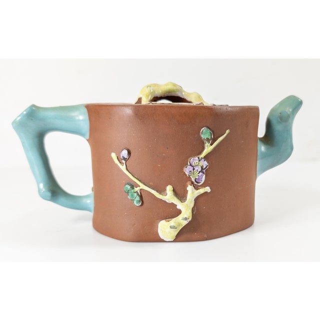 Mid 20th Century Mid-Century Chinese Yixing Zisha Bamboo Form Teapot With Enamel Decoration For Sale - Image 5 of 14