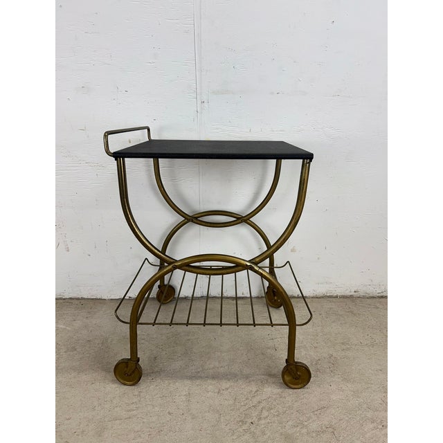 Black Mid Century Modern Petite Wheeled Bar Cart With Brass Accents For Sale - Image 8 of 12
