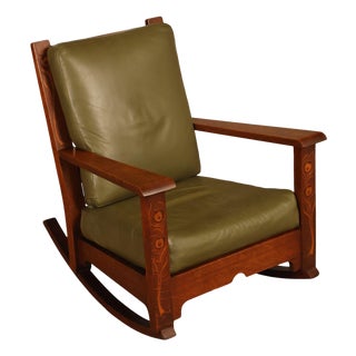 Early Rare Antique Stickley Brothers Arts And Crafts Inlaid Peacock Rocking Chair For Sale