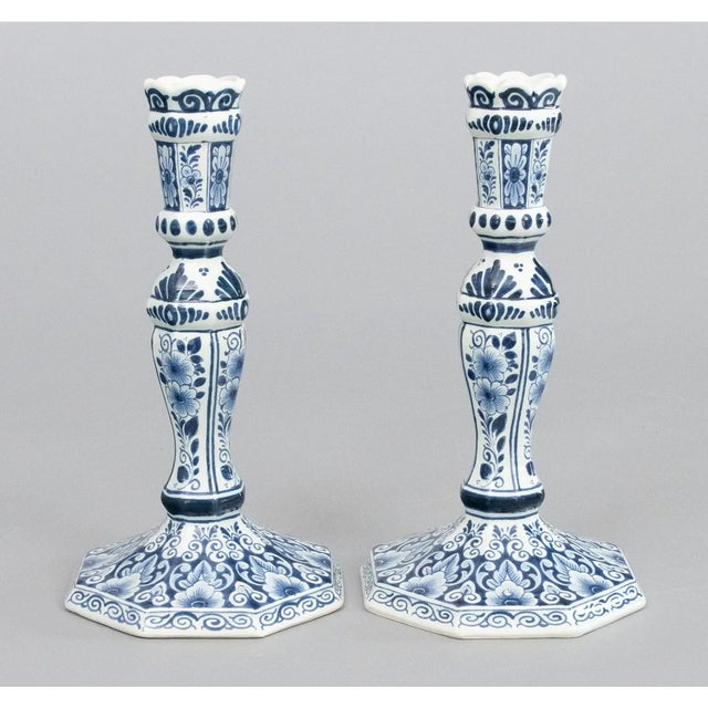 French Country Vintage Dutch Delft Floral Candlesticks - A Pair For Sale - Image 3 of 9