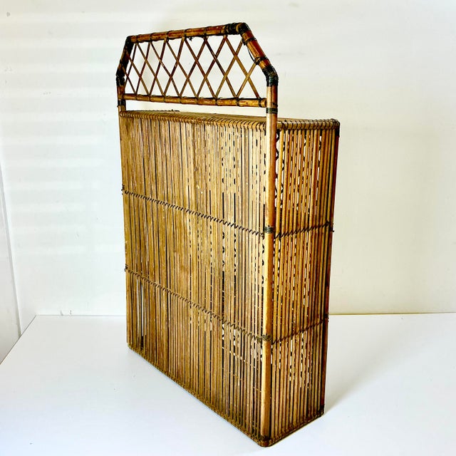 Brown 1970s Vintage Coastal Boho Chic Chippendale Wicker Split Bamboo Wall Mounted 3-Shelf Cabinet For Sale - Image 8 of 12