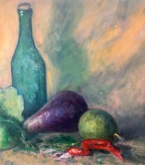 William Schultz, American Impressionist Fruits, Vegetables and Bottle Oil Painting