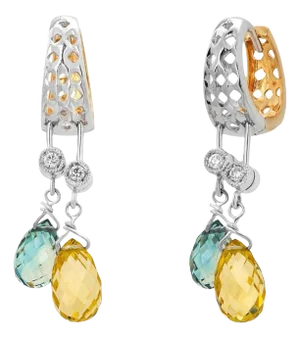 1990s 18k White Gold Diamond Yellow and Green Sapphire Briolette Drops Hoop Earrings, Set of 2