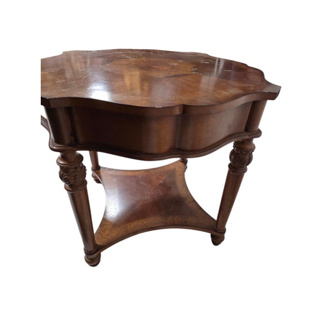 Late 20th Century Traditional Cherry Inlaid Round Accent Table With Scalloped Top For Sale - Image 4 of 5