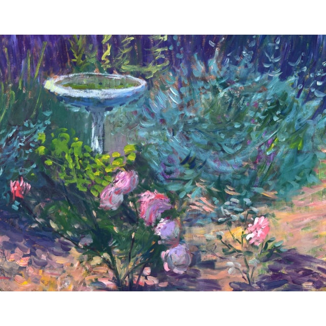 Vintage American Impressionist Landscape Painting With Roses and Bird Bath For Sale - Image 4 of 9
