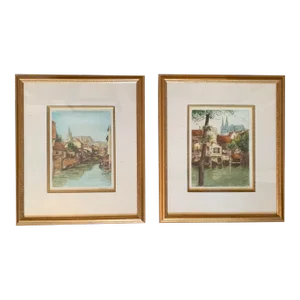 Mid 20th Century Rustic European Landscape Scene Prints, Framed - Set of 2