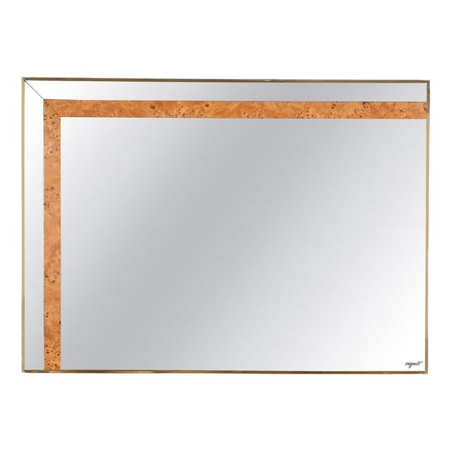 Large Smoked Glass, Poplar Burl and Brass Mirror by Romeo Rega for Nazaret, Italy, 1970s For Sale
