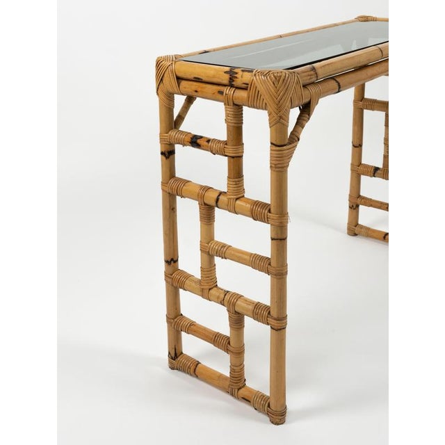 1970s Mid-Century Bamboo, Rattan and Glass Console Table from Vivai del Sud, Italy, 1970s For Sale - Image 5 of 12