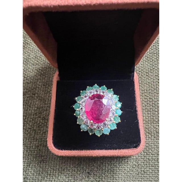 Art Deco Bochic "Orient" Vintage Emerald, Ruby & Diamond Ring Set In 18K Gold & Silver For Sale - Image 3 of 18