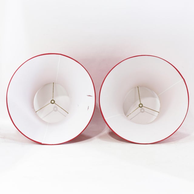 Red Pair of Vintage Red Textured Raw Silk Scalloped Bell Lamp Shades For Sale - Image 8 of 13