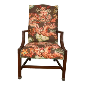 Late 19th Century Custom Upholstered Federal Style Gentlemen's Chair in Jim Thompson Enter the Dragon Fabric