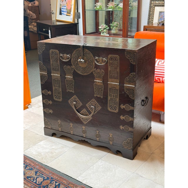 Wood Korean Bandaji Brass Mounted Storage Chest, Vintage For Sale - Image 7 of 14