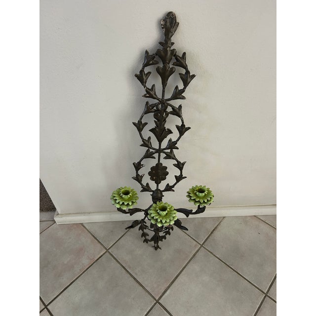 Antique Wrought Iron and Tole Wall Sconce For Sale - Image 4 of 5