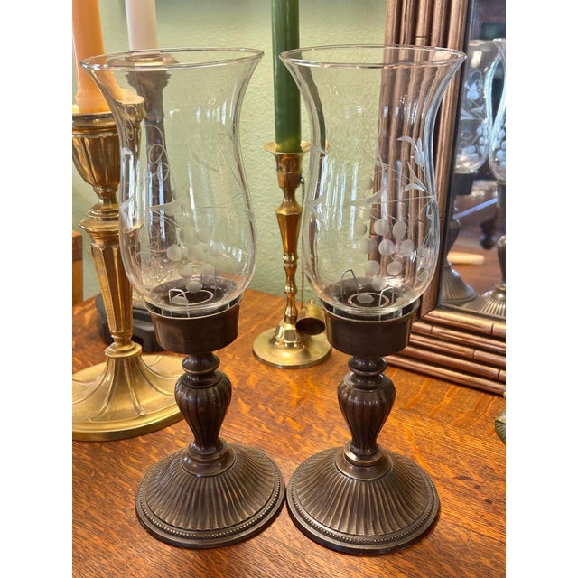 Neoclassical Vintage Bronze Finish Brass Candleholders With Etched Glass Globes - A Pair For Sale - Image 3 of 12