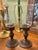 Neoclassical Vintage Bronze Finish Brass Candleholders With Etched Glass Globes - A Pair For Sale - Image 3 of 12