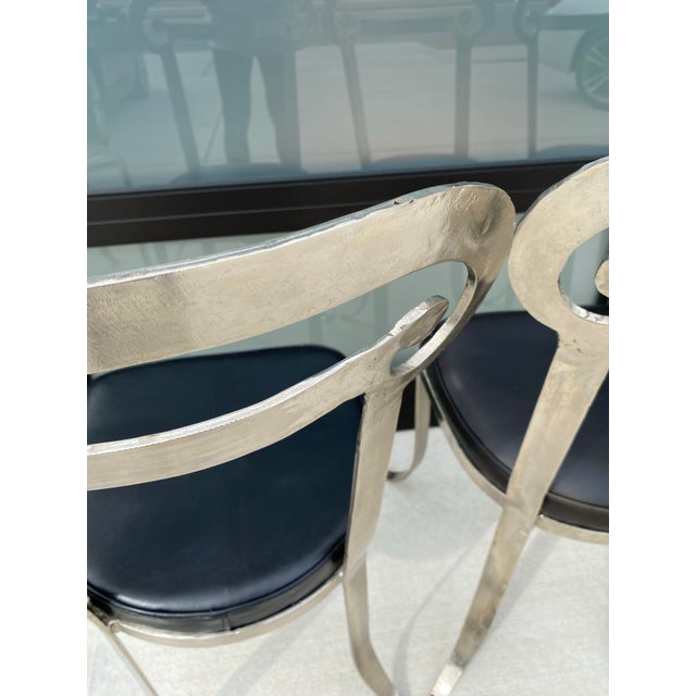 1990s Set of 2 Iron Indoor/Outdoor Klismos Column Dining Chairs With Leather Upholstery Handcrafted Styled After Jermaine Gallacher For Sale - Image 9 of 12
