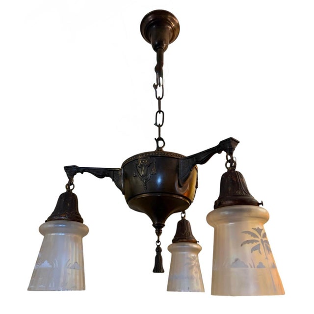 Circa 1910’s Art Nouveau Chandelier With Etched Palm Motif Shades For Sale - Image 4 of 9