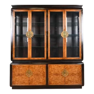 Raymond Sobota for Century Furniture Hollywood Regency Chinoiserie Burl Wood Lighted Breakfront Bookcase Cabinet, 1970s