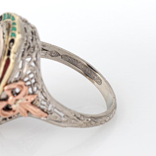 Metal Vintage Art Deco Ring Natural Ceylon Sapphire Enamel Cocktail 14k Gold Filigree, Size 5.25 For Sale - Image 7 of 7