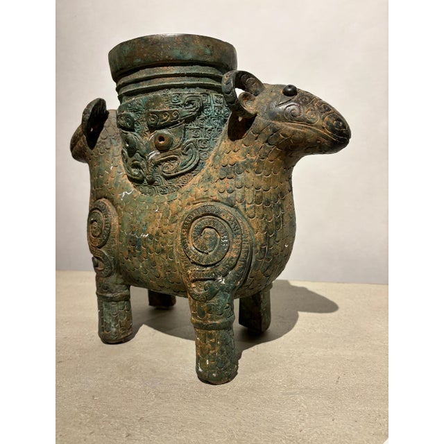 Bronze Archaistic Shang Style Verdigris Bronze 'Double-Ram' Vessel, Zun Circa 1900 For Sale - Image 8 of 12