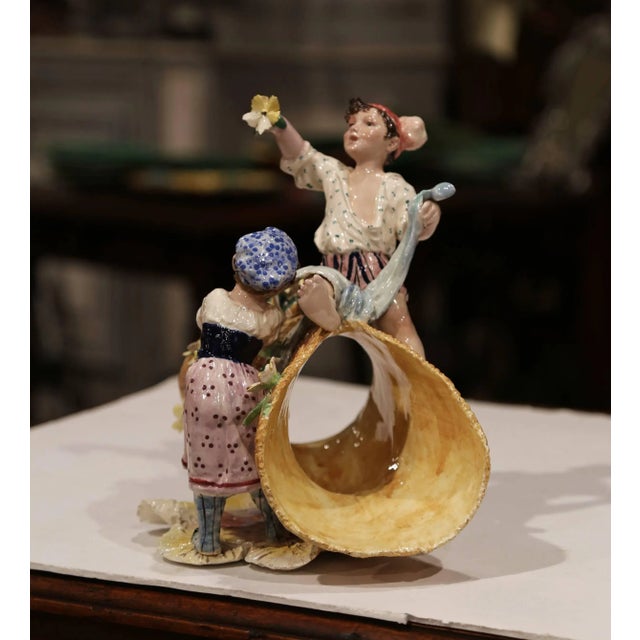 Early 20th Century French Painted Porcelain Barbotine Vase With Children Figures For Sale - Image 4 of 11