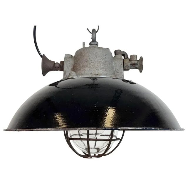 Industrial Black Enamel and Cast Iron Cage Pendant Light from Elektrosvit, 1960s For Sale - Image 15 of 15