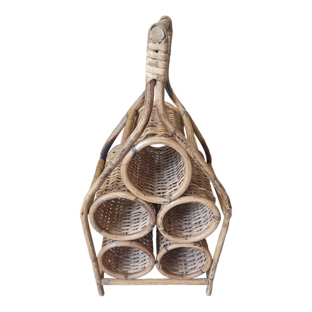 Vintage Sculptural Rattan 5-Bottle Wine Rack For Sale