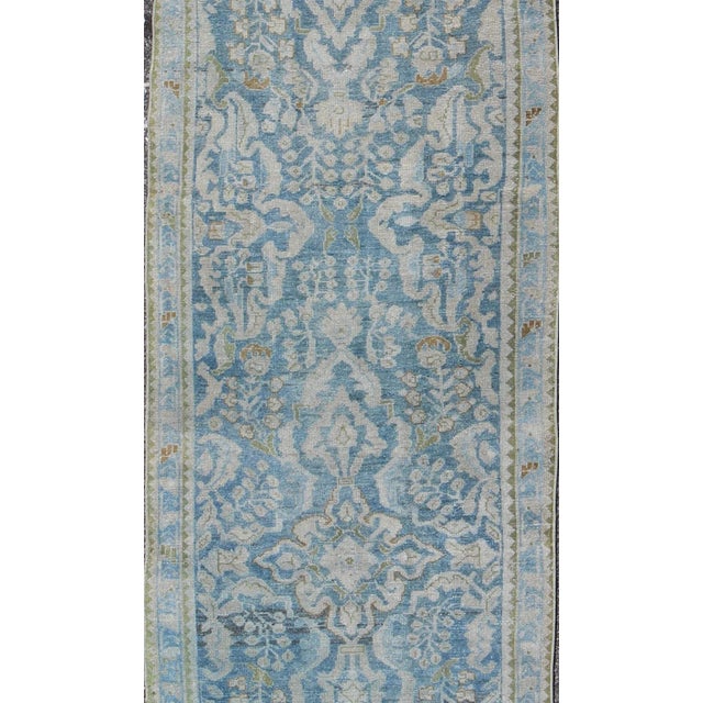 Traditional Early 20th Century Antique Persian Malayer Runner With All-Over Design in Blue and Hints of Olive For Sale - Image 3 of 10